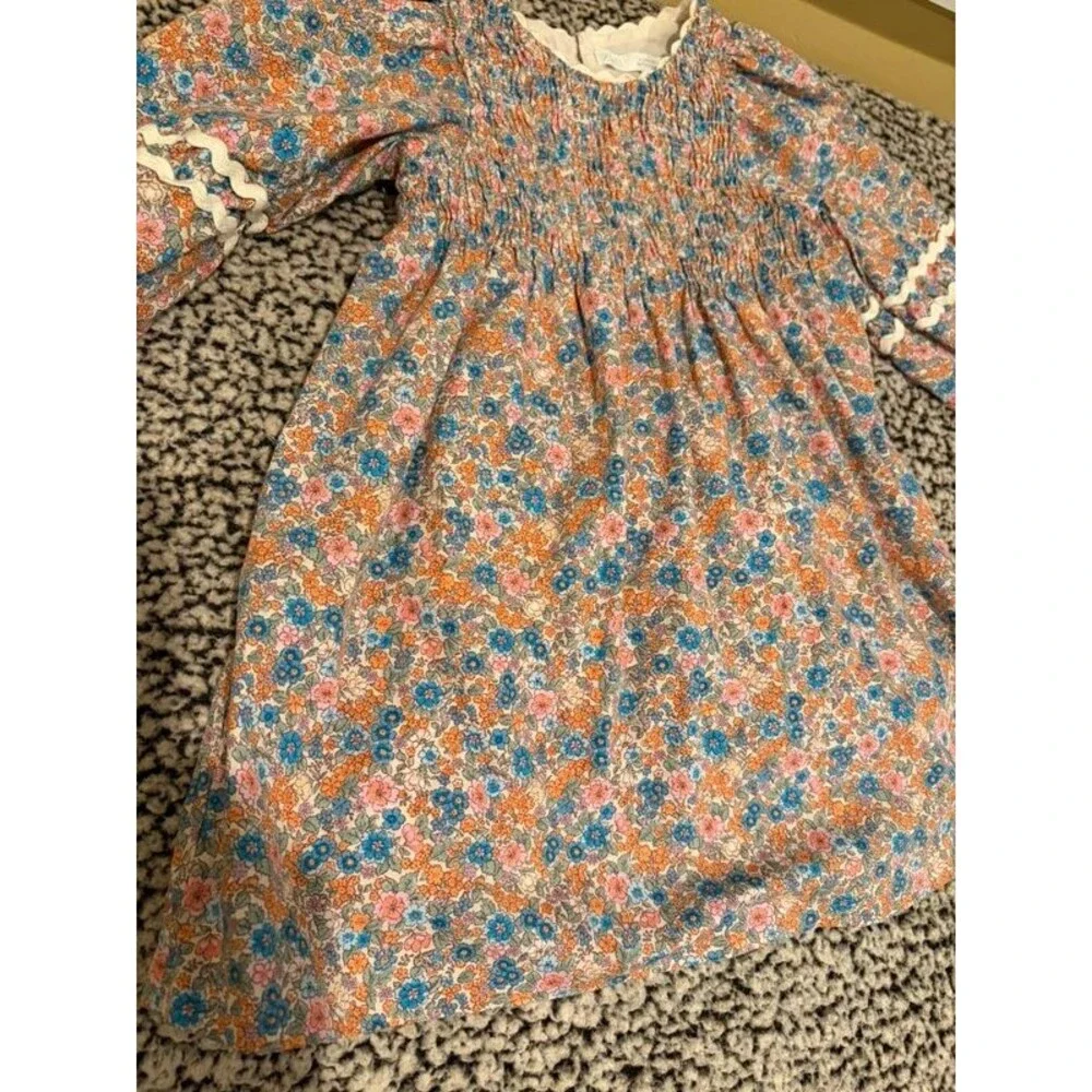 ZARA Floral Smocked Dress 4 years Blue Orange Puff Sleeve Cottagecore Boho Mini